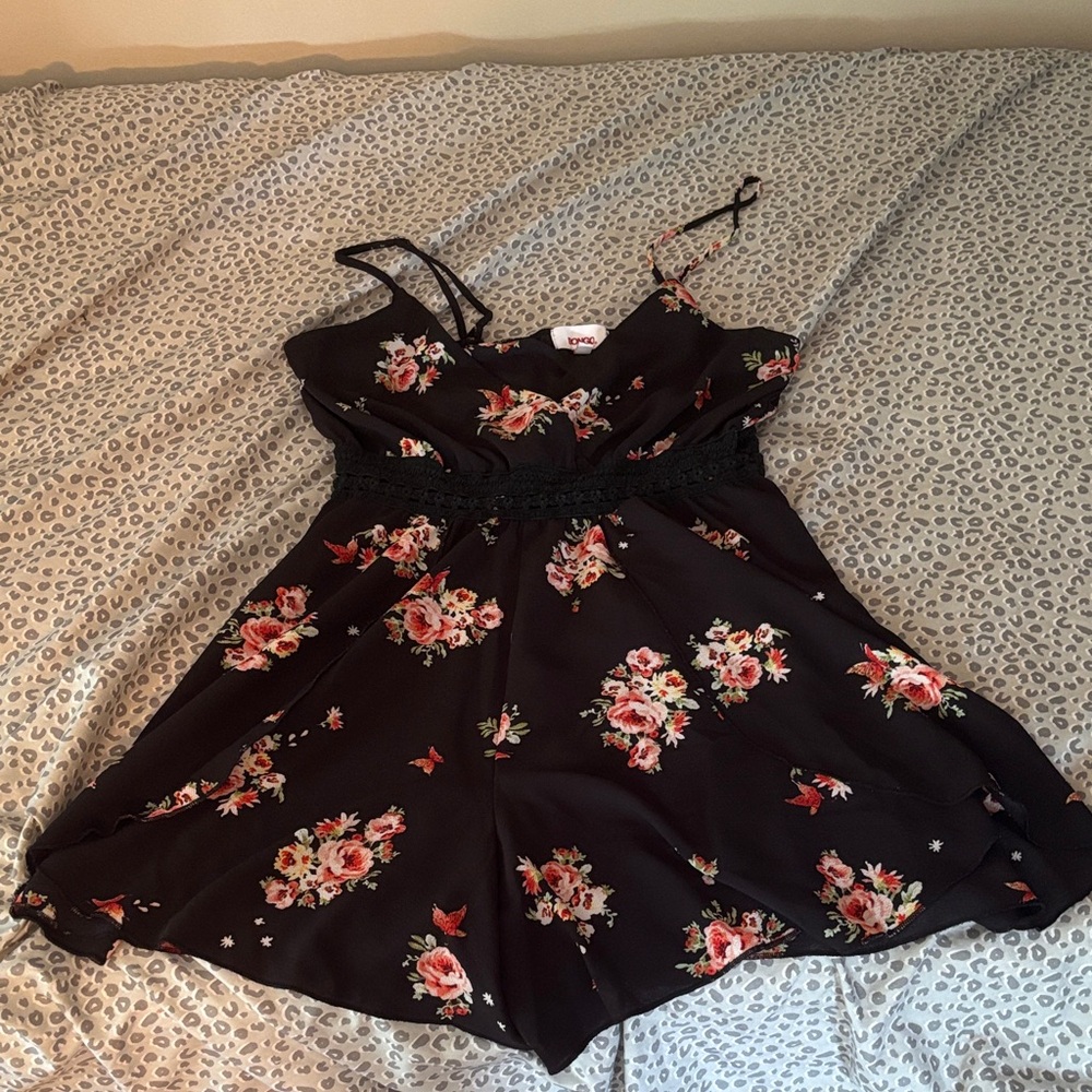 Floral Black Romper with Pink and Red Accents